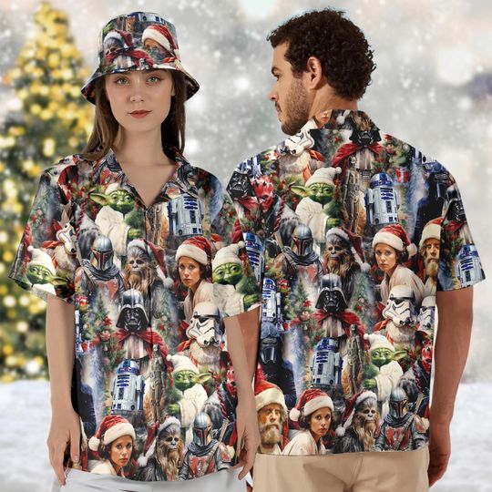 Discover Star Wars Christmas Hawaiian Shirt, Yoda Santa Hat Christmas Hawaii Shirt, Star Wars Xmas Party Button Up Shirt, Galaxy's Edge 3D Shirt