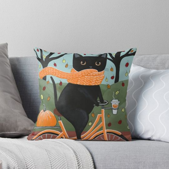 Discover Black Cat Autumn Bicycle Ride Pillow