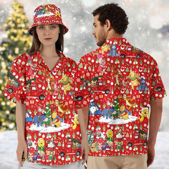 Discover Winnie the Pooh Christmas Hawaiian Shirt, Disney Pooh & Friends Santa Hat Hawaii Shirt, Pooh Xmas Button Up Shirt, Magic Kingdom Shirt