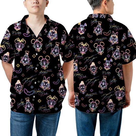 Discover Unisex Mickey And Friends Neon Lights Signatures Halloween Hawaiian Shirt, Disneyland Mickey's Not So Scary Halloween Party Family Matching
