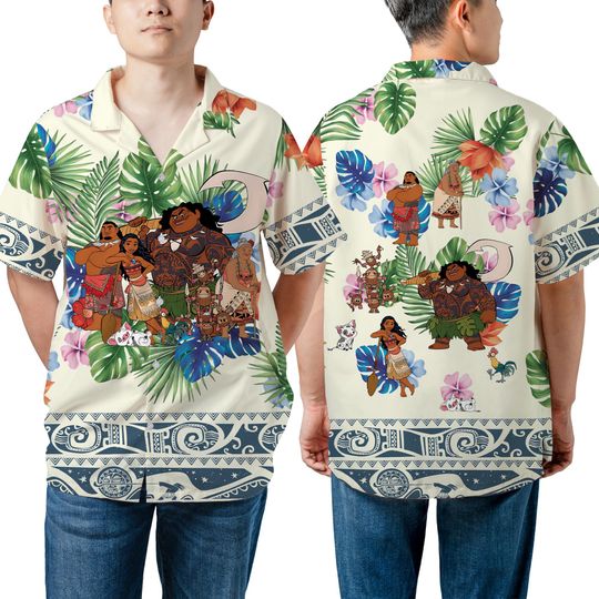 Discover Unisex Moana Characters Floral Hawaiian Shirt, Disneyland Summer Trip Hawaii Shirts, Disney Birthday Gift, Maui Pua Heihei Kakamora Shirt