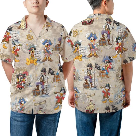Discover Unisex Mickey Friends Pirates Treasure Map Hawaiian Shirt, Pirates Of Caribbean Disney Cruise Hawaii Shirt, Disneyland Family Trip Matching