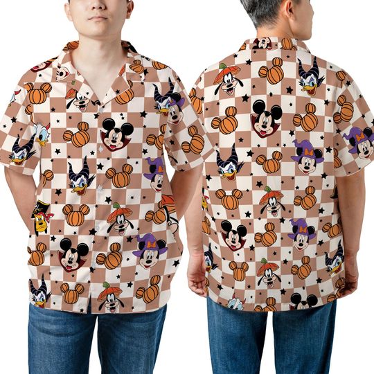 Discover Unisex Mickey And Friends Halloween Costume Checkered Button Down Shirt, Disneyland Halloween Trip Adult Youth Hawaii, Mickey Pumpkin Shirt