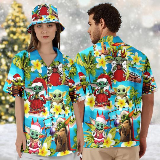 Discover Star Wars Christmas Hawaiian Shirt, Baby Yoda Christmas Hawaii Shirt, Star Wars Button Up Shirt, Baby Yoda Santa Hat Xmas Party Shirt