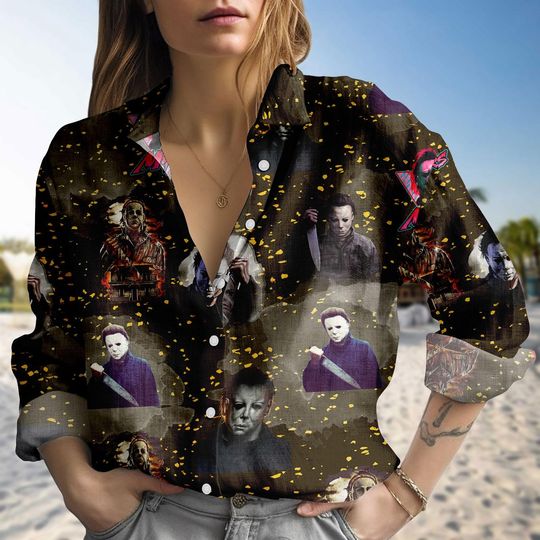 Discover Michael Myers Linen-Look Shirt, Halloween Horror Movie Blouse Shirt, Spooky Serial Killer Button Top, Halloween Blouse Women Shirt