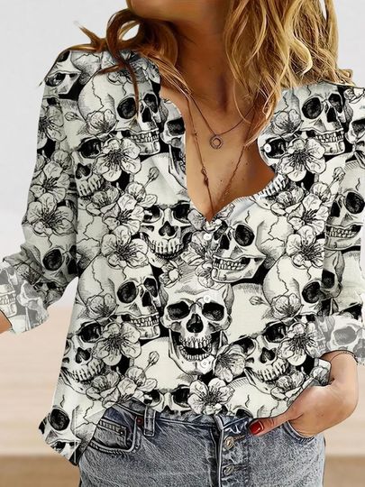 Skull Linen-Look Shirt, Halloween Shirt, Horror Button Up Shirt, Skeleton Casual Shirt, Blouse Shirt Women, Women Blouses, Gift For Her