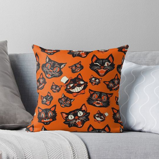 Discover CTKR Studio Retro Vintage Halloween Black Cat Faces Pattern - Orange Background Pillow