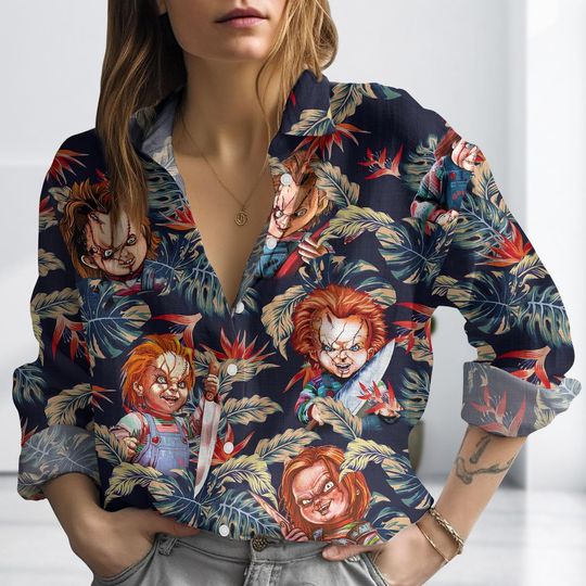 Discover Chucky Linen-Look Shirt, Horror Movie Blouse Shirt, Halloween Women Blouses Shirt, Horror Blouse Women Shirt, Halloween Gift