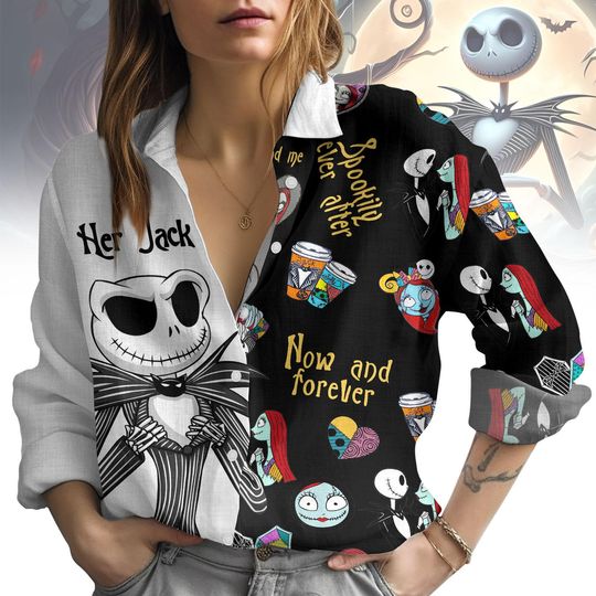 Halloween Couple Shirt, Her Jack Blouse Shirt, Horror Character Casual Shirt, Spookily Ever After Long Sleeve Shirt, Trick Or Treat Tee