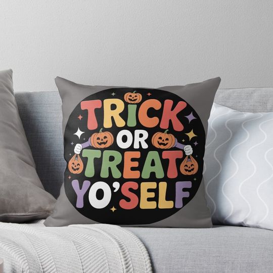 Discover A Ghoulishly Good Time: A happy, pumpkin-headed character shows off a haul of candy bags. For the Halloween Festive Season Pillow
