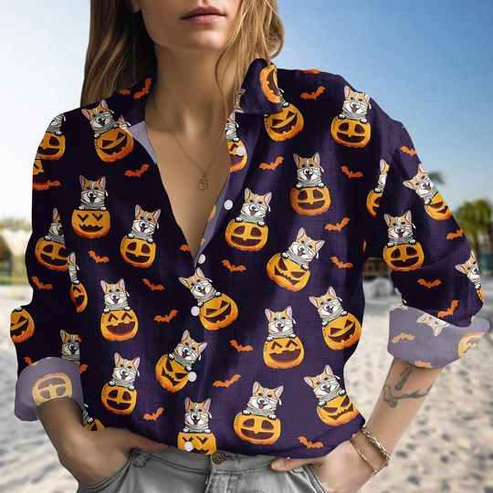Halloween Corgi Linen-Look Shirt, Dog Pumpkin Shirt, Spooky Dog Blouse Shirt, Corgi Horror Blouse Women Shirt, Animal Hocus Pocus Shirt