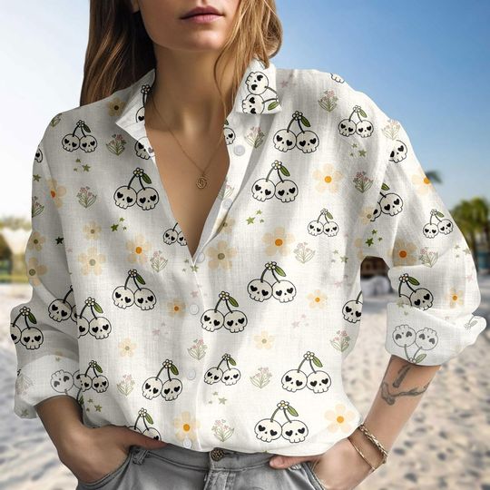 Cherry Skull Blouse Shirt, Gothic Floral Top, Alternative Aesthetic Button Down Blouse, Punk Rock Linen-look Shirt, Halloween Blouse