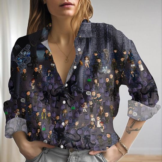 Discover Halloween Xenomorph Alien Blouse Shirt, Ovomorph Egg Shirt, Horror Characters Button Up Shirt, Alien Movie Gifts, Space Horror Shirt