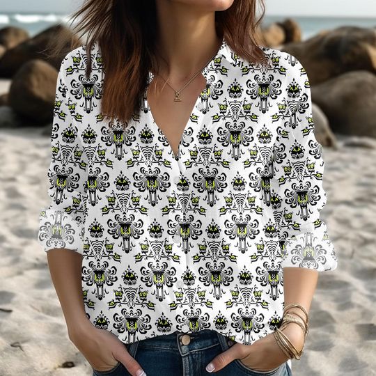 Discover Haunted Mansion Blouse Shirt, Disney Ghost Women Shirt, Foolish Mortal Linen-Look Shirt, Spooky Casual Shirt, Halloween Gift For Her