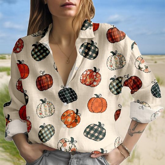 Halloween Pumpkin Blouse Shirt, Pumpkin Long Sleeve Linen Look, Autumn Vibes Button Shirt, Halloween Casual Women Shirt, Gift for Her