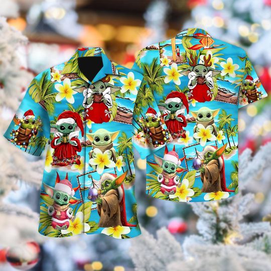 Discover Star Wars Christmas Hawaiian Shirt, Baby Yoda Christmas Hawaii Shirt, Star Wars Button Up Shirt, Baby Yoda Santa Hat Xmas Party Shirt