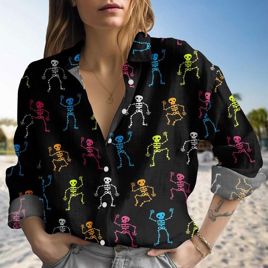 Discover Halloween Skeleton Dance Linen-Look Shirt, Skull Blouse Shirt, Funny Spooky Skeleton Blouse Shirt, Halloween Blouse Women Gift