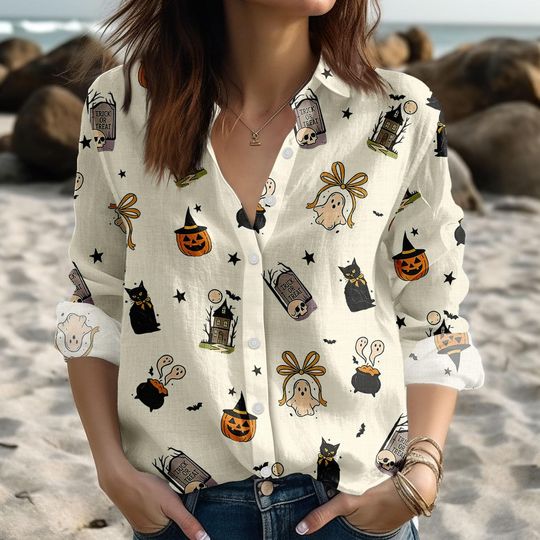 Discover Halloween Cute Ghost Pumpkin Cat Blouse Shirt, Cute Ghost Women Shirt, Retro Ghost Linen-Look Shirt, Fall Spooky Cat Shirt,Gift For Her