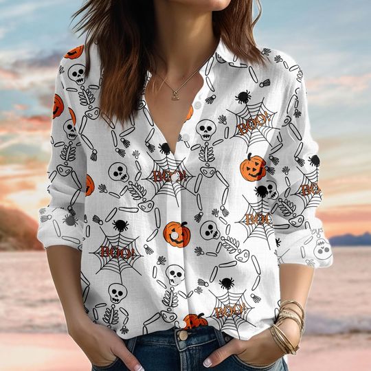 Discover Halloween Skeleton Linen-Look Shirt, Cute Pumpkin Blouse Shirt,  Spider Web Boo Women Shirt, Spooky Casual Shirt,Halloween Gift For Her