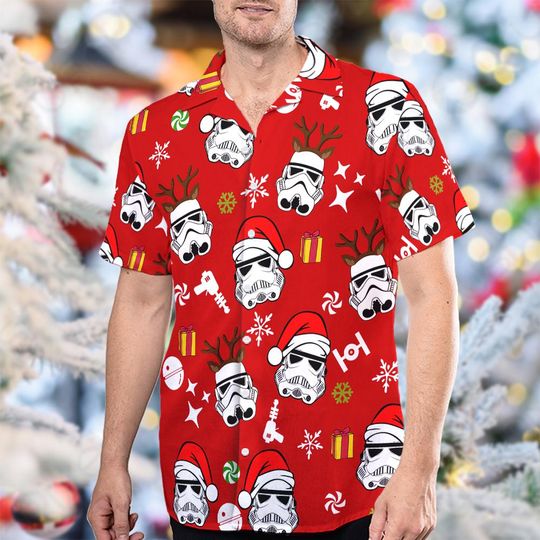 Discover Stormtrooper Santa Hat Reindeer Hawaiian Shirt, Star Wars Christmas Hawaii Shirt, Star Wars Xmas Button Up Shirt, Galaxy's Edge 3D Shirt