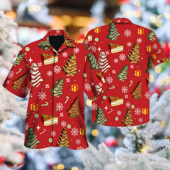 Discover Christmas Tree Cakes Hawaiian Shirt, Christmas Tree Button Up Shirt, Christmas Party Hawaiian Shirt, Xmas Holiday 3D All Over Print Shirt
