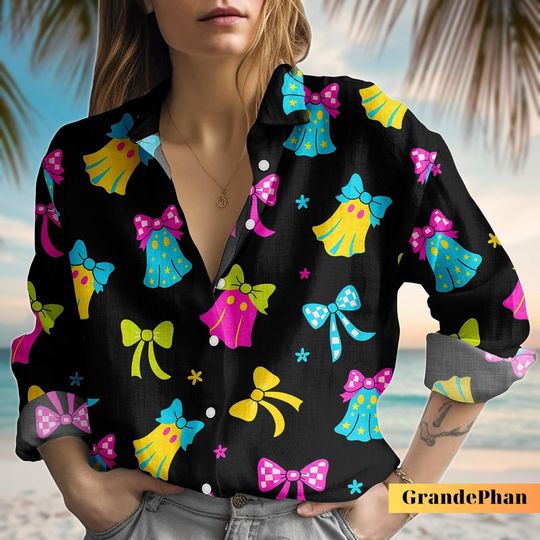 Discover Halloween Ghost Blouse Shirt, Black Women Blouse Top, Bow Tie Button Shirt, Halloween Outfit