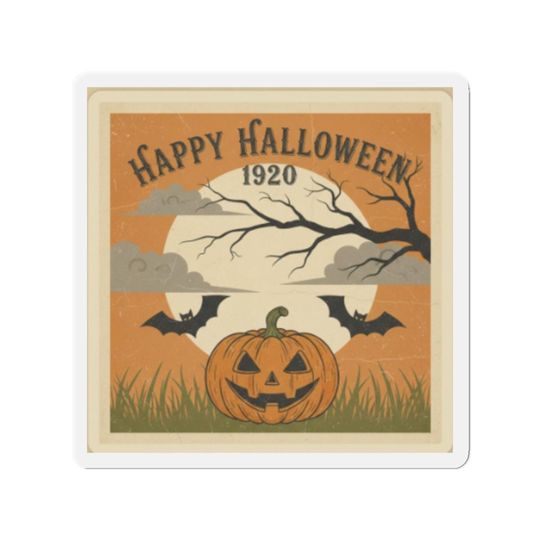 Discover Vintage Halloween Die-Cut Magnet: Pumpkin & Bat Spooky Decor