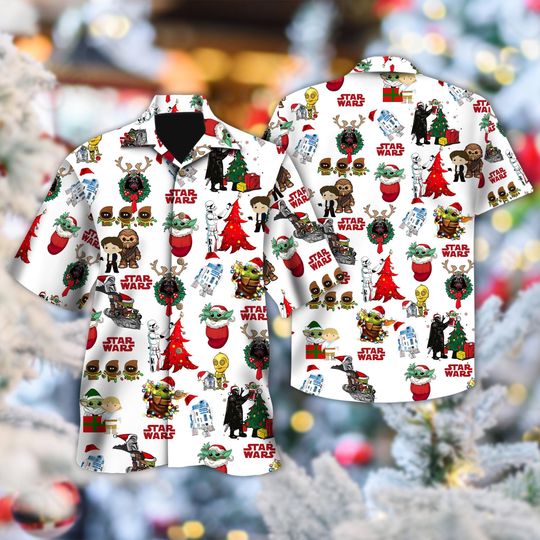 Discover Star Wars Characters With Christmas Tree Hawaii Shirt, Star Wars Button Up Shirt, Cartoon Hawaiian Shirt, Xmas Holiday All Over Print Shirt