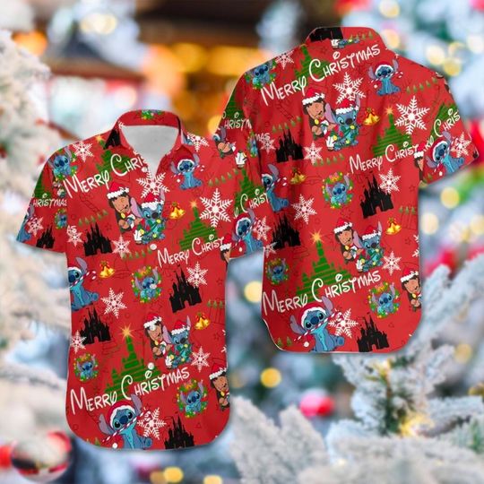 Lilo Stitch With Christmas Light Hawaii Shirt, Lilo And Stitch Button Up Shirt, Lilo Stitch Santa Hat Hawaiian Shirt, Xmas Party Shirt