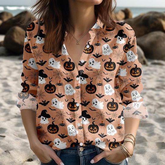 Pumpkin Ghost Linen-Look Shirt, Halloween Floral Shirt for Women, Cute Spooky Season Blouse Shirt, Witchy Button Up Shirt For Her