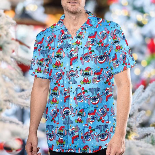 Discover Disney Stitch Christmas Light Hawaiian Shirt, Merry Stitchmas Hawaii Shirt, Lilo And Stitch Button Up Shirt, Stitch Santa Hat Xmas Party