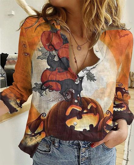 Black Cat Blouse Shirt, Halloween Shirt, Pumpkin Women Shirt, Spooky Season Shirt, Fall Shirt For Women