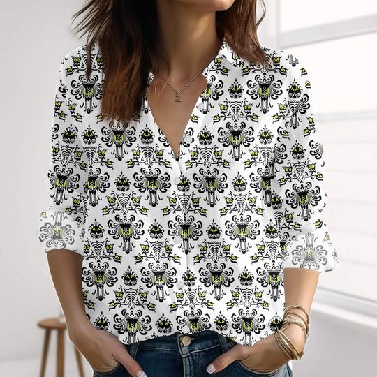 Discover Haunted Mansion Linen-Look Shirt, Disney Ghost Women Shirt, Foolish Mortal Blouse Shirt, Spooky Casual Shirt, Halloween Gift For Her