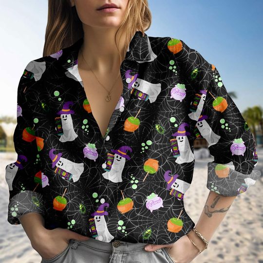 Discover Halloween Alani Ghost Blouse Shirt, Spooky Ghost Horror T-Shirt, Ghost With Energy Drink Fall Long Sleeve Shirt, Gift For Alani Lover