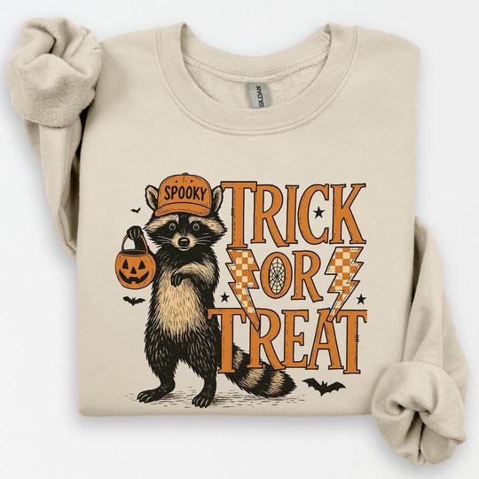 Discover Trick or Treat Raccoon Halloween Sweatshirt, Retro Racoon Sweater, Womens Halloween, Spooky Sweatshirt,Halloween Gift