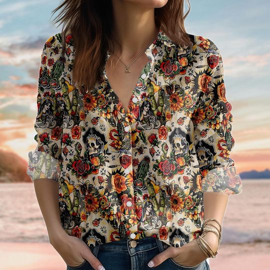 Retro Sugar Skull Floral Linen-look Shirt, Dia De Los Muertos Blouse Shirt, Nature Shirt For Women, Fall Casual Shirt, Halloween Gifts