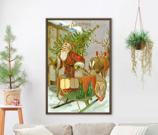 Vintage Santa Claus Sleigh Ride Christmas Poster Wall Art