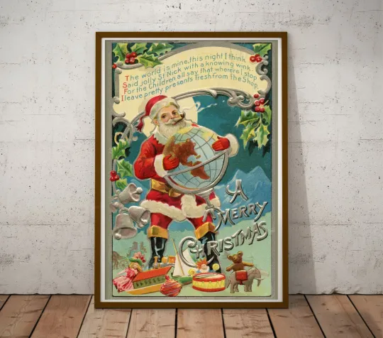 1908 Santa Claus Christmas Poster Vintage Style Vertical Poster Globe