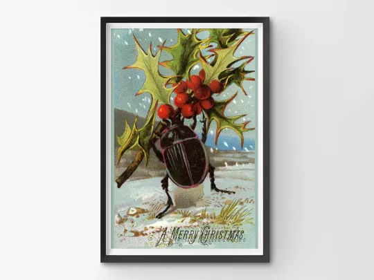 Victorian Christmas Card Poster - Merry Beetle Bugs Vintage Vertical Wall Art