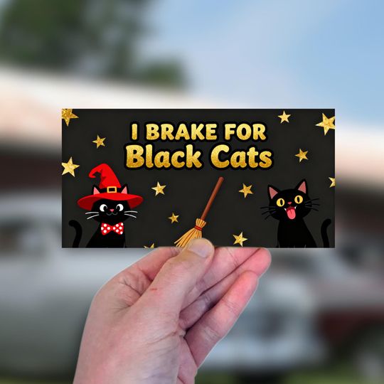 Discover I Brake for Black Cats Car Sticker - Witchy Halloween Cat Bumper Sticker