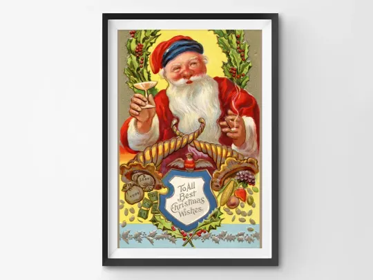 Discover 1910 Santa Claus Christmas Postcard Poster Martini Cigar Vertical Print