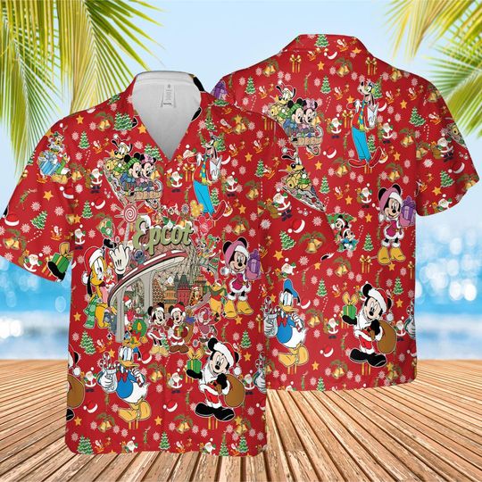 Discover Disneyland Epcot Mickey And Friends Christmas Hawaiian, Minnie Mouse Goofy Daisy Donald Pluto Hawai Shirt, Winter Christmas Disney Hawaiian