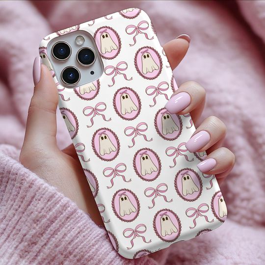 Discover Ghost iPhone Case  Cute Pink Bow Halloween Phone Cover, Pastel Spooky Aesthetic Protective Case