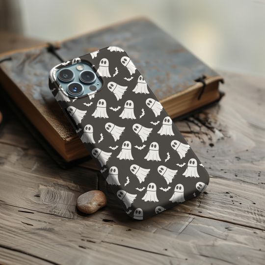 Discover Minimal Ghost & Bat Halloween Phone Case, Cute Spooky Season Gift, Aesthetic Dark Gray Case for Her and Him, iPhone 16 15 14 13 12 11 Pro