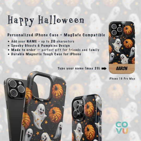 Discover Personalized Halloween iPhone Case: Spooky Ghosts, Pumpkins, MagSafe Tough Cover