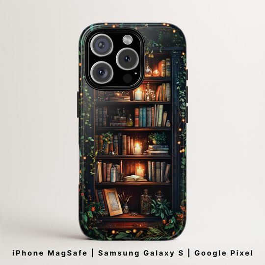 Discover Magical Bookshelf Tough Phone Case MagSafe | Cozy Bookish Plant Shelf Cover | Fantasy Booktok Aesthetic | iPhone 16, Pixel 9, Galaxy S25