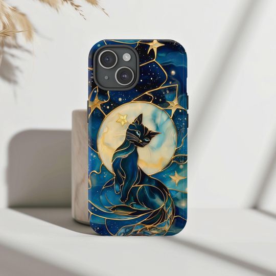 Celestial Cat Phone Case Faux Stained Glass Cover Spooky Moon and Stars Halloween iPhone 16 15 14 13 12 11 Pro Max 8 Plus X Samsung Pixel