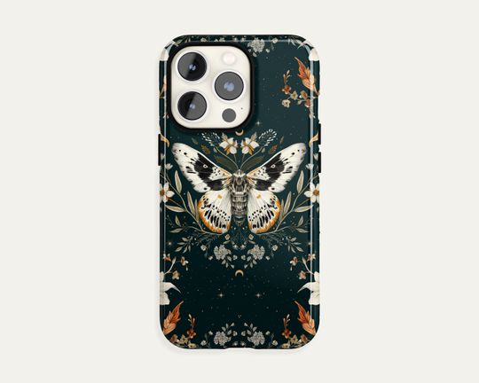 Moth Botanical Floral iPhone Case 15 14 14 13 12 11 Pro Max, Cottagecore S24 S23 S22 Plus Ultra Case, Butterfly iPhone X XR Tough Case