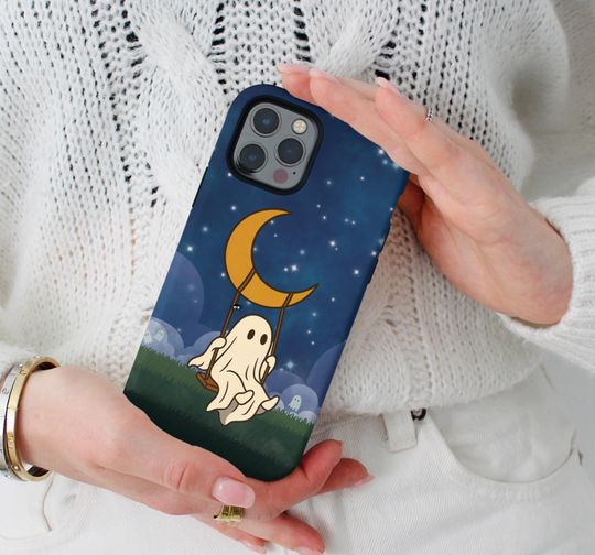 Discover Ghost Phone Case: Crescent Moon Starry Sky - Compatible with iPhone, Galaxy, Pixel