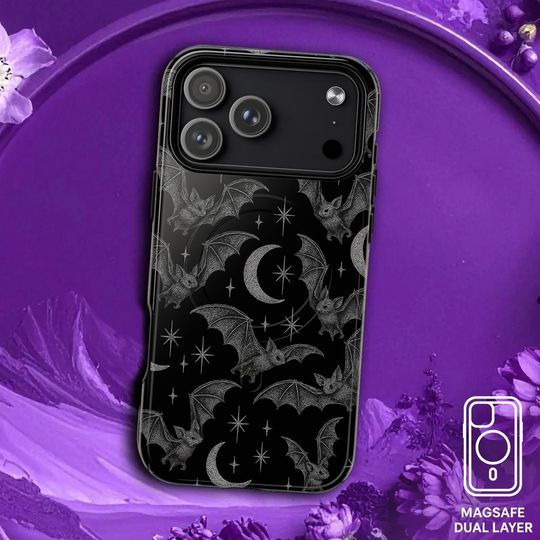 Bats and Crescent Moons iPhone MagSafe iPhone Case, Gothic Bat Design, Phone Cover, Spooky Gifts, Halloween Decor, 17, 16, 15 Pro, Mag Safe